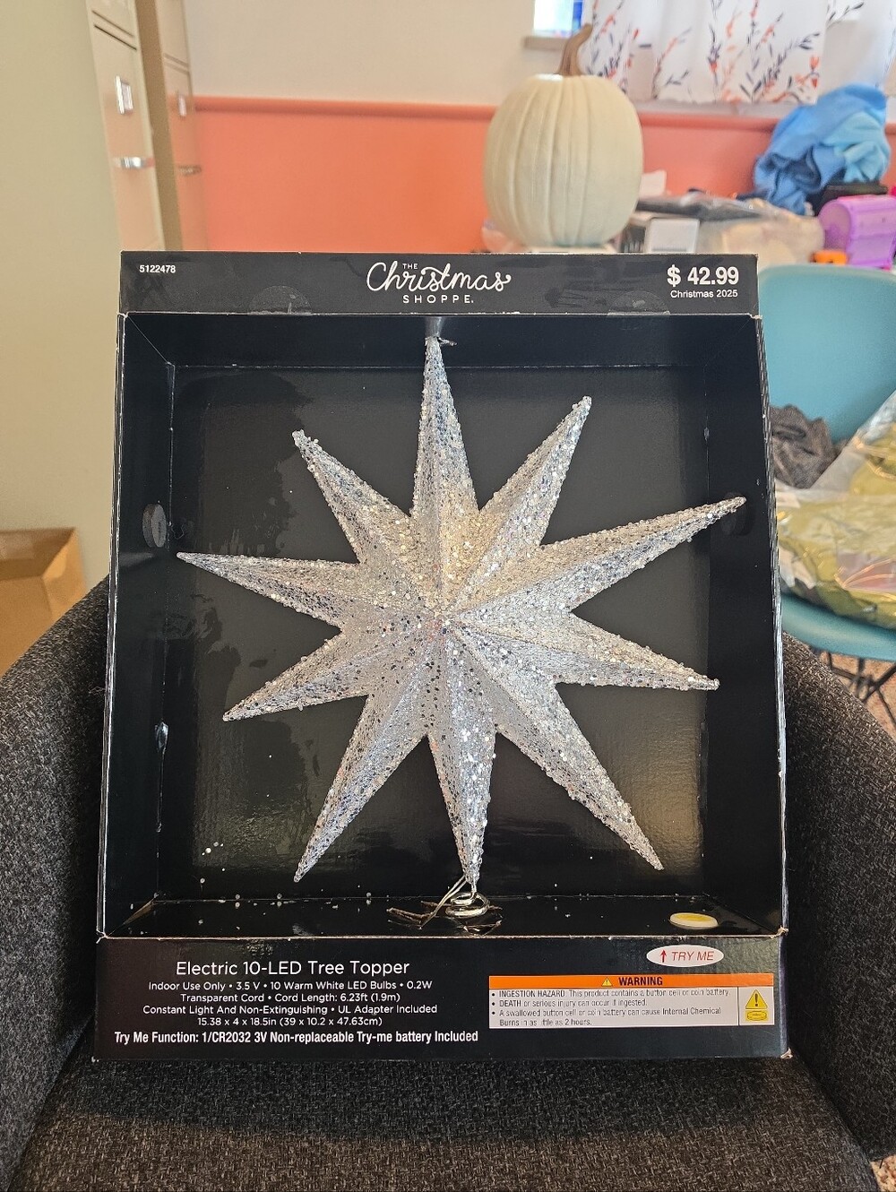 NIB 15" Large Silver Sequin Star Tree Topper Christmas Shoppe Electric 10-LED